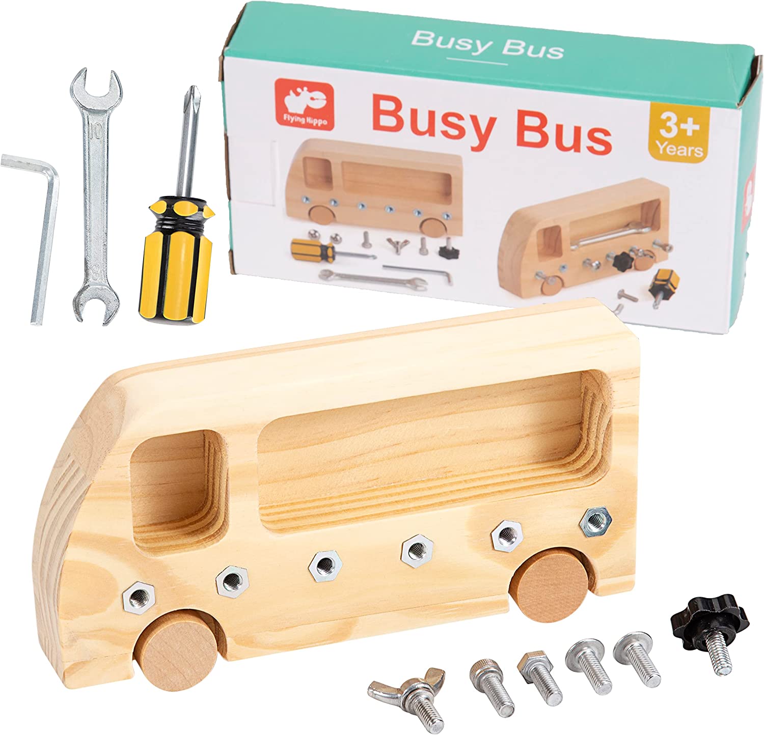 Edukacyjna drewniana zabawka Busy Bus Flying Hippo