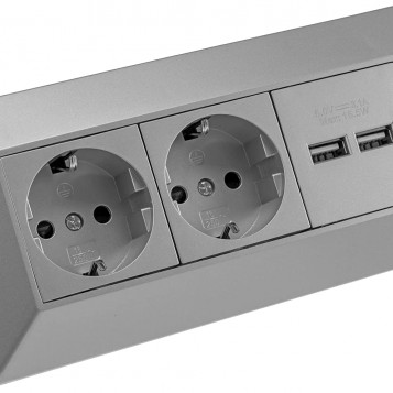 ChiliTec power strip block, 2 sockets, 2xUSB, 230V, silver