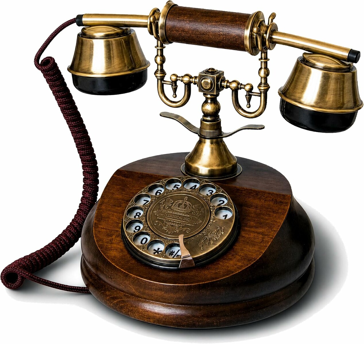Opis 1921 Cable Model A – retro telefon stacjonarny z drewna i mosiądzu