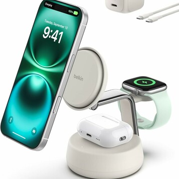 Belkin UltraCharge Pro 3w1 – stacja ładująca MagSafe Qi2 25W, piaskowa