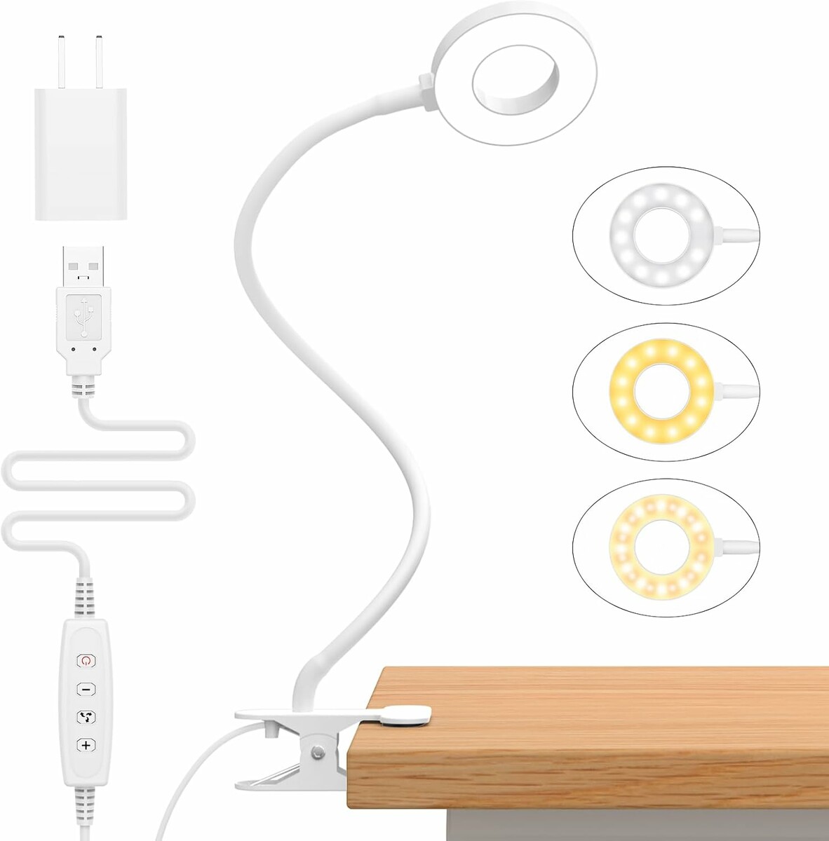 iZELL Lampka LED do czytania z klipsem, ściemniana, USB - biała