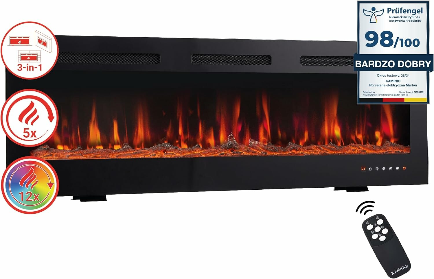 KAMINIO Marlon 36'' - kominek elektryczny 3w1 z ogrzewaniem, czarny