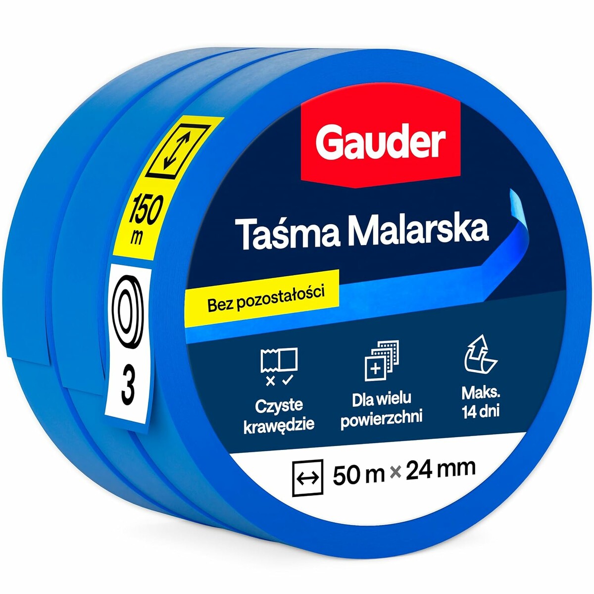 GAUDER Taśma malarska niebieska 24 mm x 50 m, 3 rolki