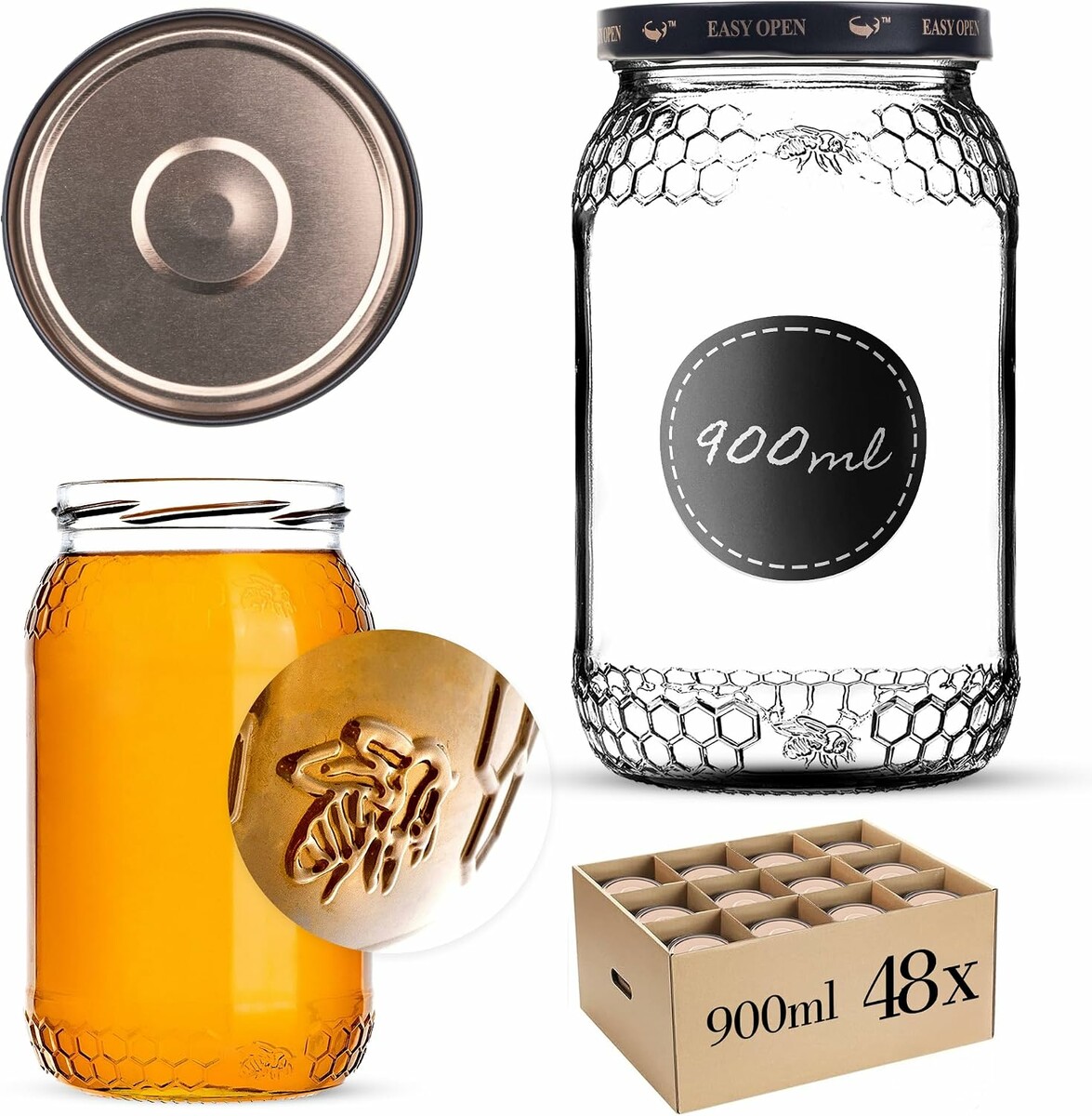 Słoiki na miód KADAX 900 ml, komplet 48 szt., czarno-złote