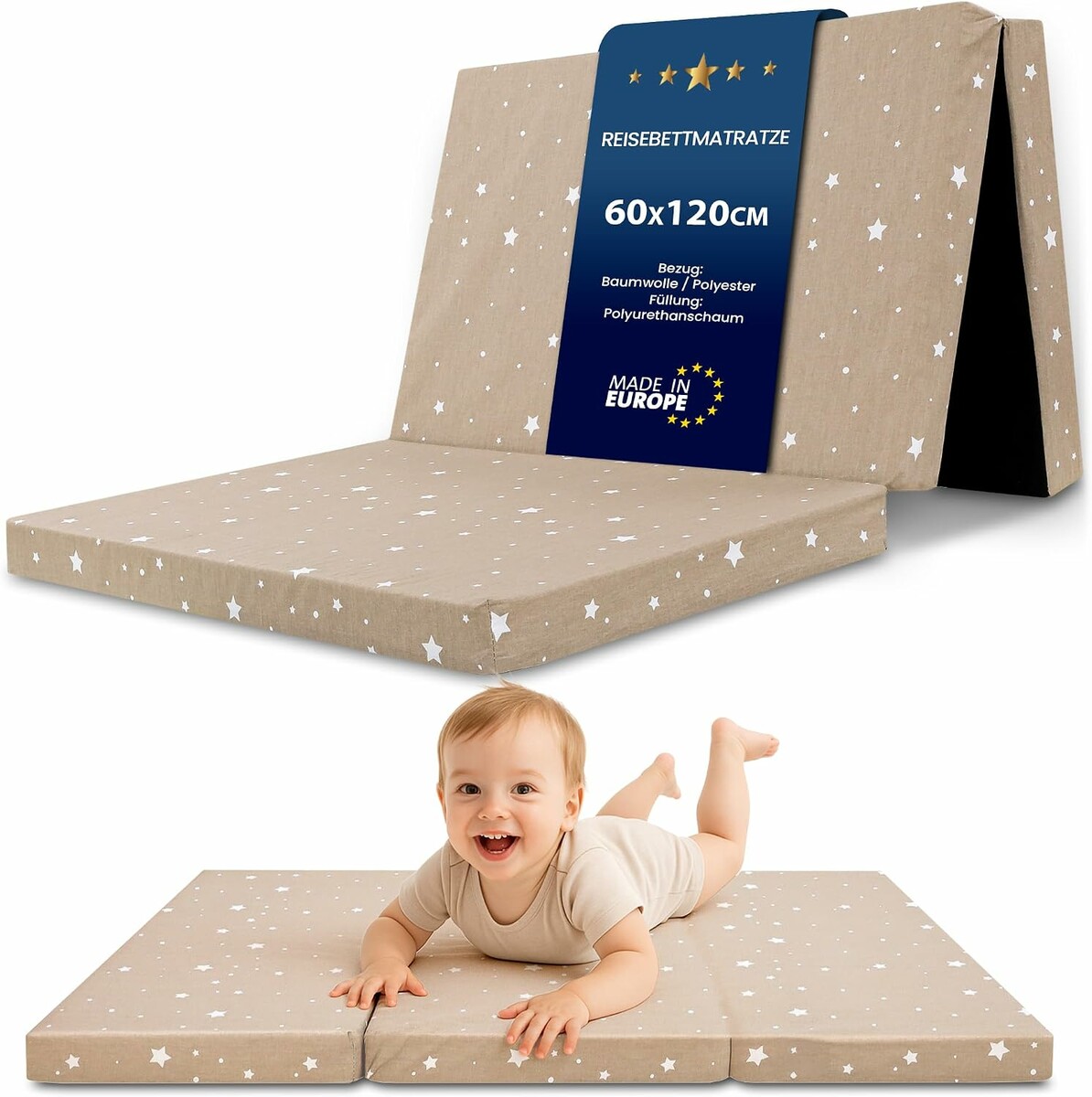 Totsy Baby Materac do łóżeczka turystycznego 60x120 cm, beżowy w gwiazdki