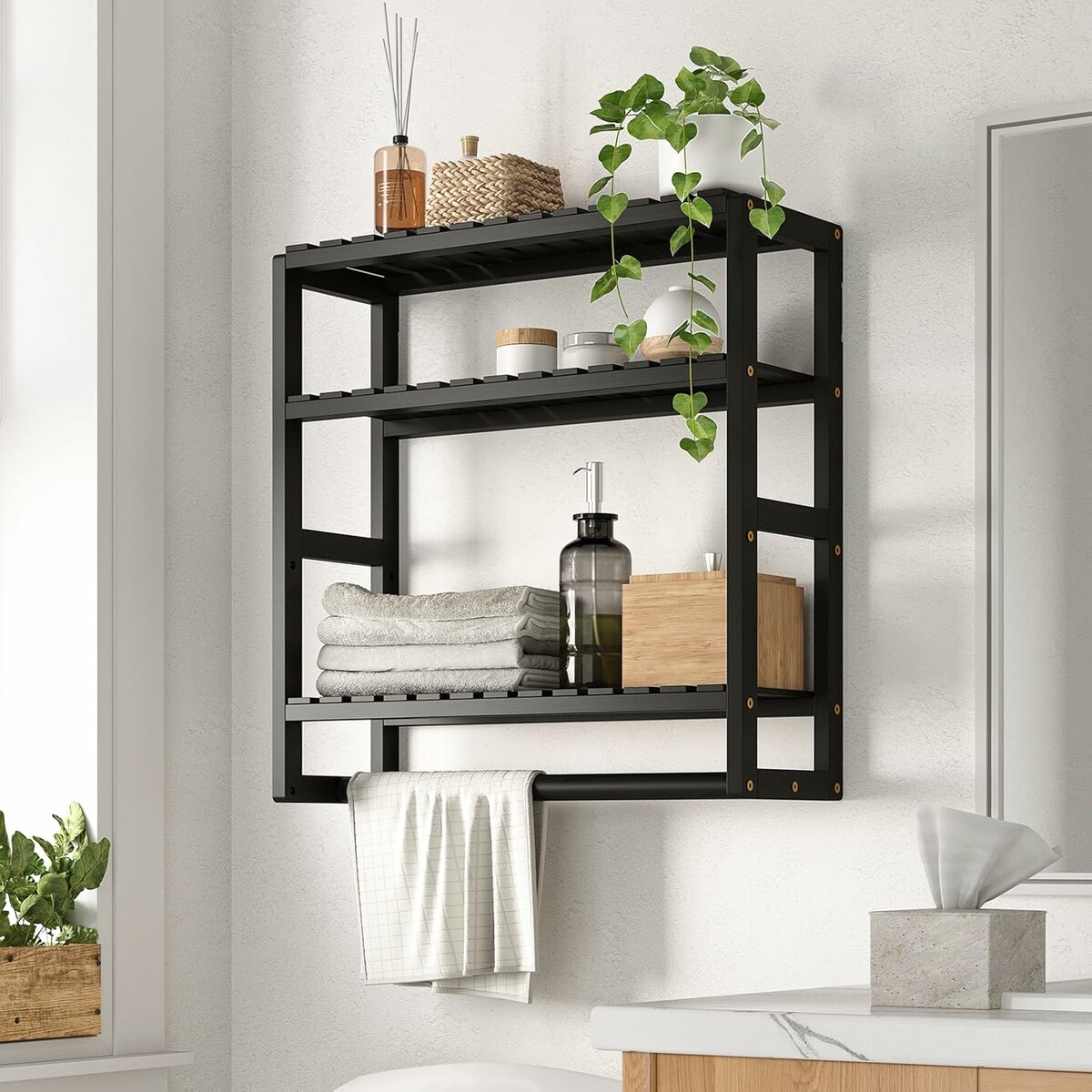 Bamworld Półka łazienkowa bambusowa 3-poziomowa nad toaletę, czarna
