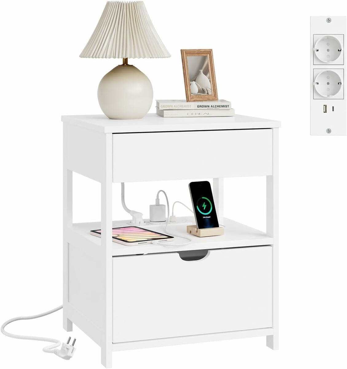 SoBuy Szafka nocna z ładowaniem USB 45x38x55,5 cm - biała
