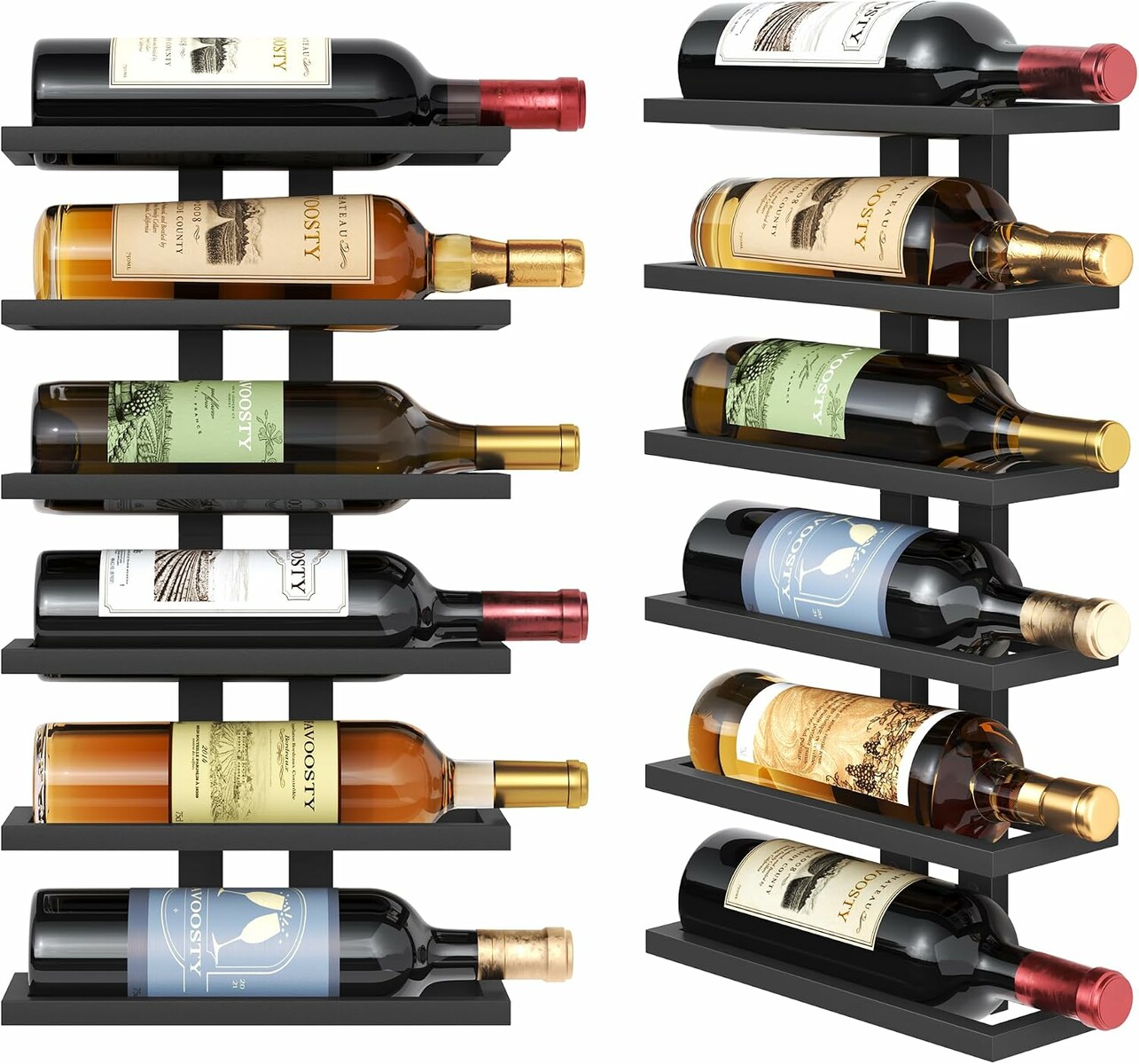 FAVOOSTY Stojak na wino ścienny metalowy, 6 poziomów, czarny
