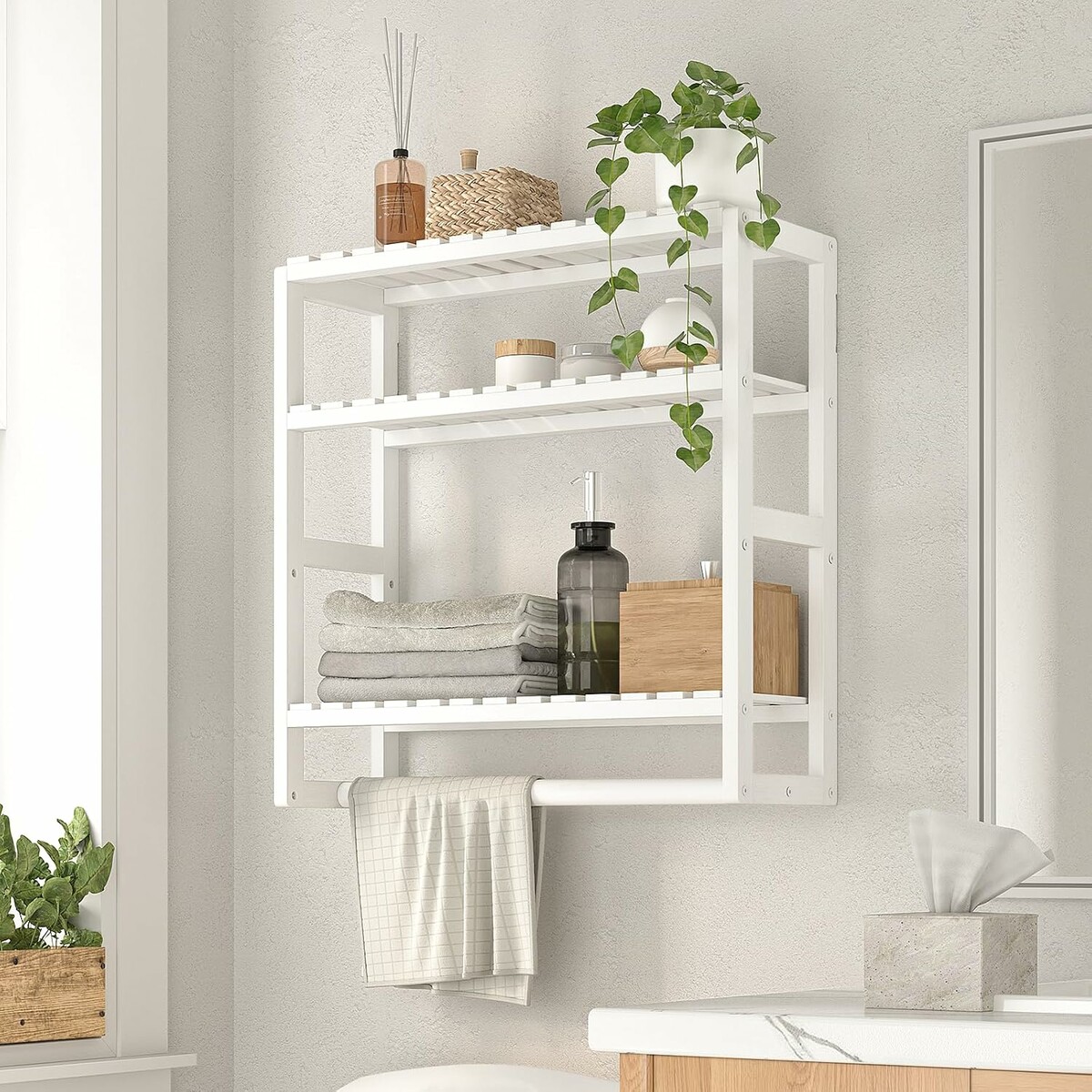 Bamworld Półka łazienkowa bambusowa 3-poziomowa, biała