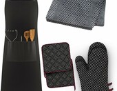 LEFUNDA Zestaw kuchenny 7 el. - fartuch, rękawice, uchwyty, ściereczki, czarny – zdjęcie 1