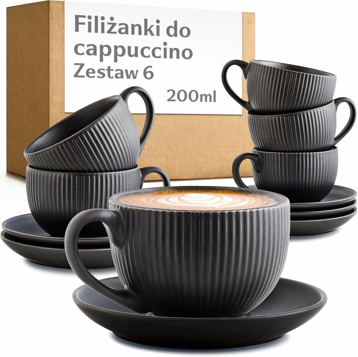 Cosumy zestaw 6 filiżanek do cappuccino 200 ml ze spodkami, czarne