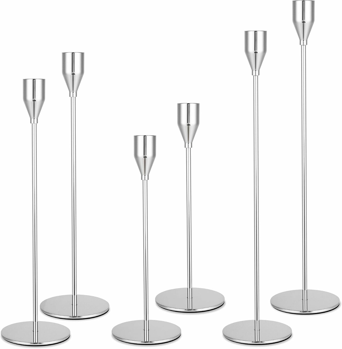Novent świeczniki metalowe komplet 6 szt. srebrne, wysokości 23-33 cm