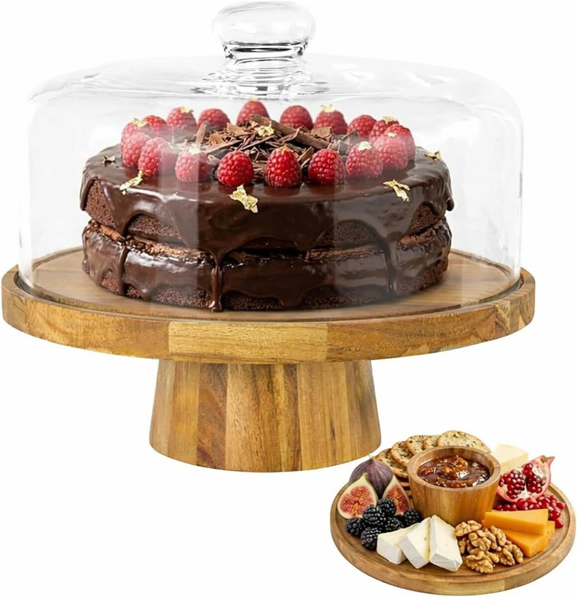 STOUCLA patera na tort z pokrywką 30,5 cm, drewno akacjowe i akryl