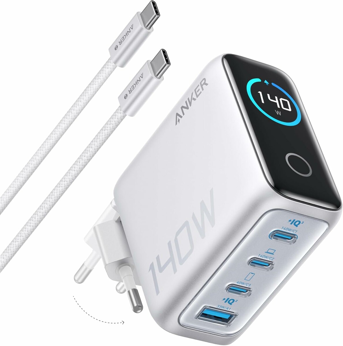 Anker ładowarka USB-C 140 W - 4 porty, wyświetlacz dotykowy, srebrna