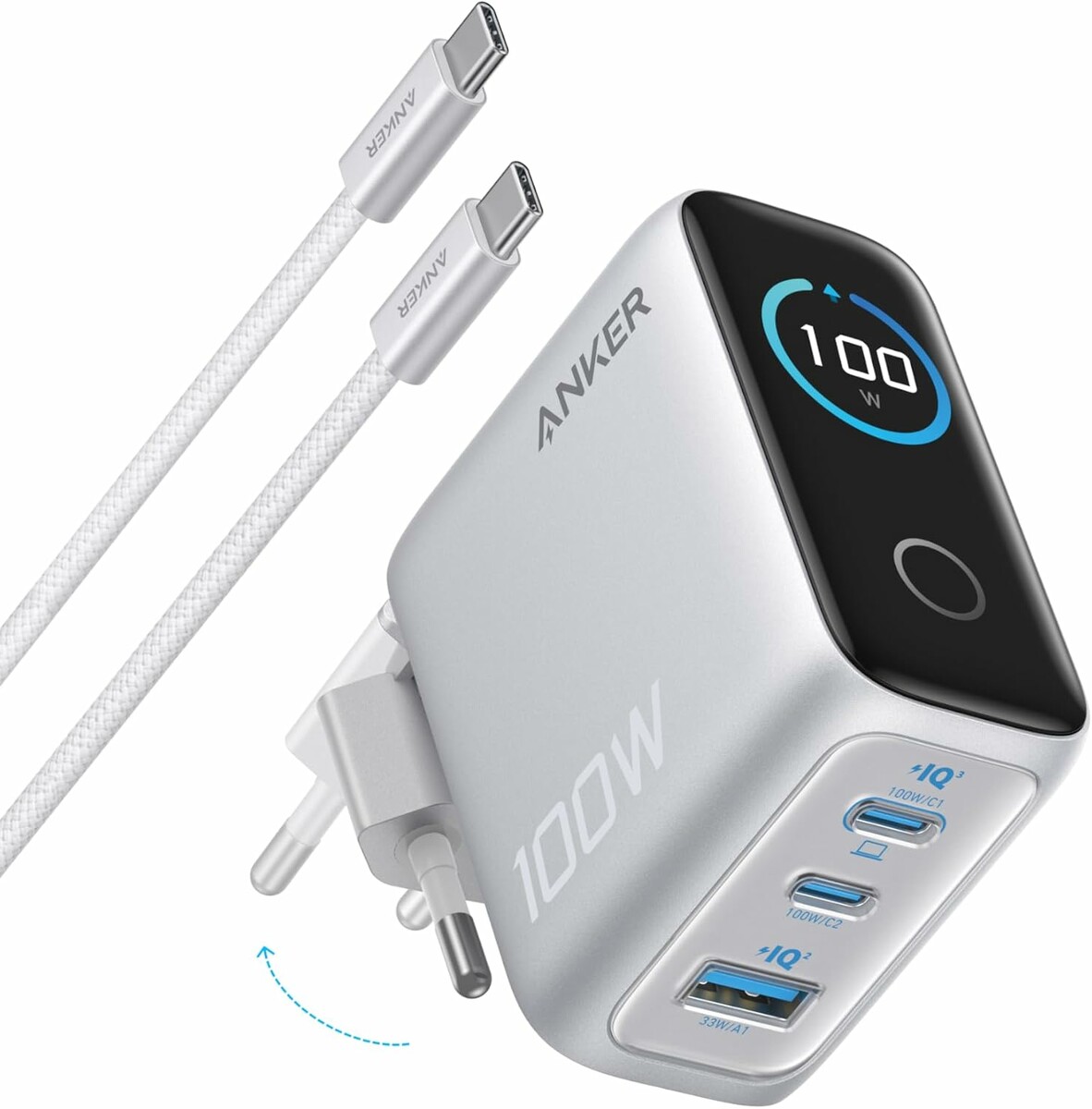 Anker ładowarka USB-C 100 W GaN z wyświetlaczem, 3 porty