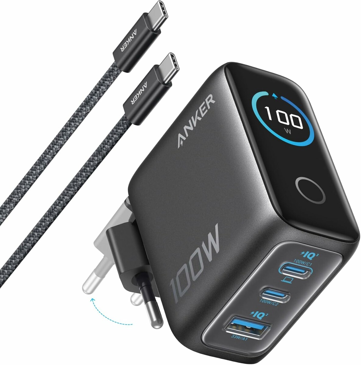 Anker ładowarka USB-C 100 W GaN z wyświetlaczem, ciemnoszara