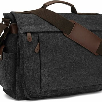 CALIYO Torba szkolna na ramię z płótna, na laptopa 15,6", czarna