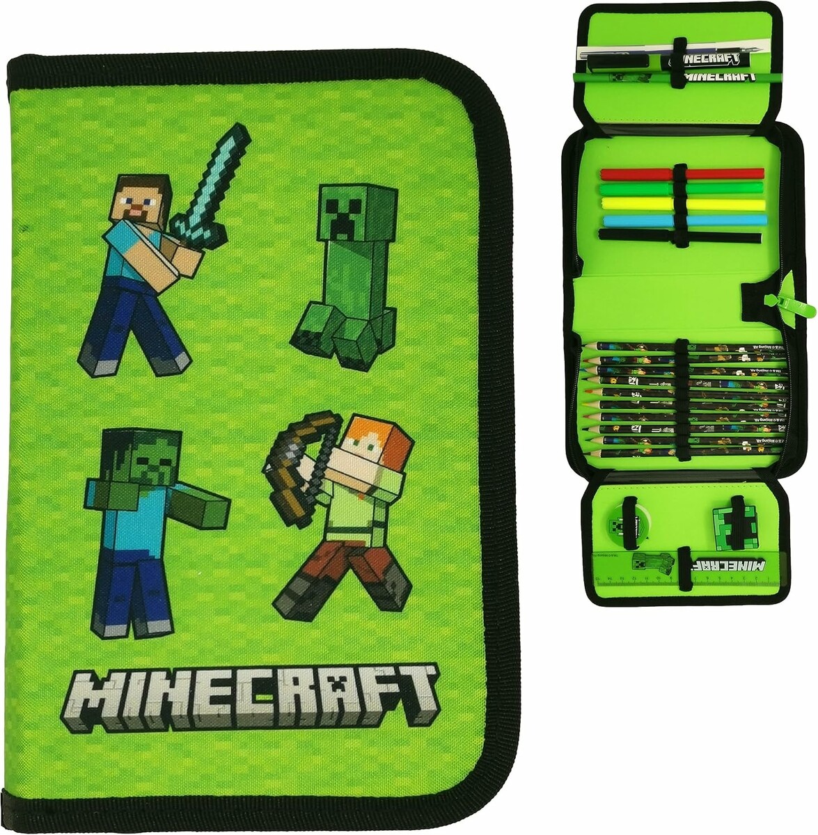 Minecraft Piórnik szkolny wypełniony przyborami, motyw Steve i Alex, 22 elementy