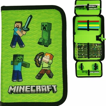 Minecraft Piórnik szkolny wypełniony przyborami, motyw Steve i Alex, 22 elementy