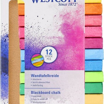 Westcott Kreda kolorowa 12 sztuk - bezpyłowa kreda do tablicy i na chodnik
