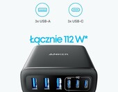 Anker stacja ładująca 6 portów 112 W – 3× USB-C, 3× USB-A, czarna – zdjęcie 4