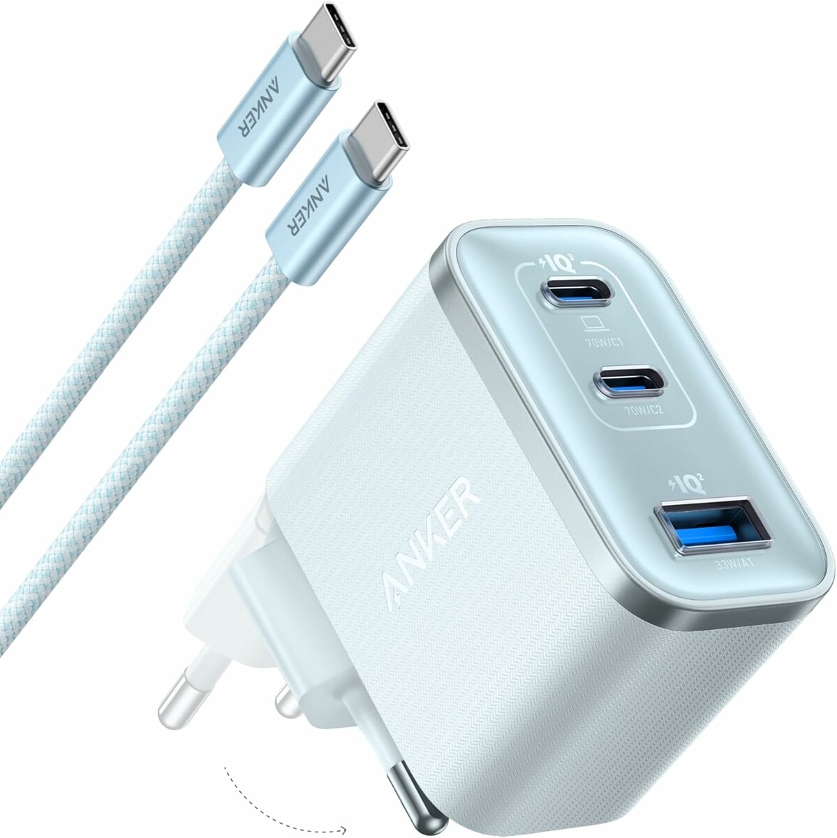 Anker Nano ładowarka sieciowa 70 W, 3 porty USB-C, niebieska