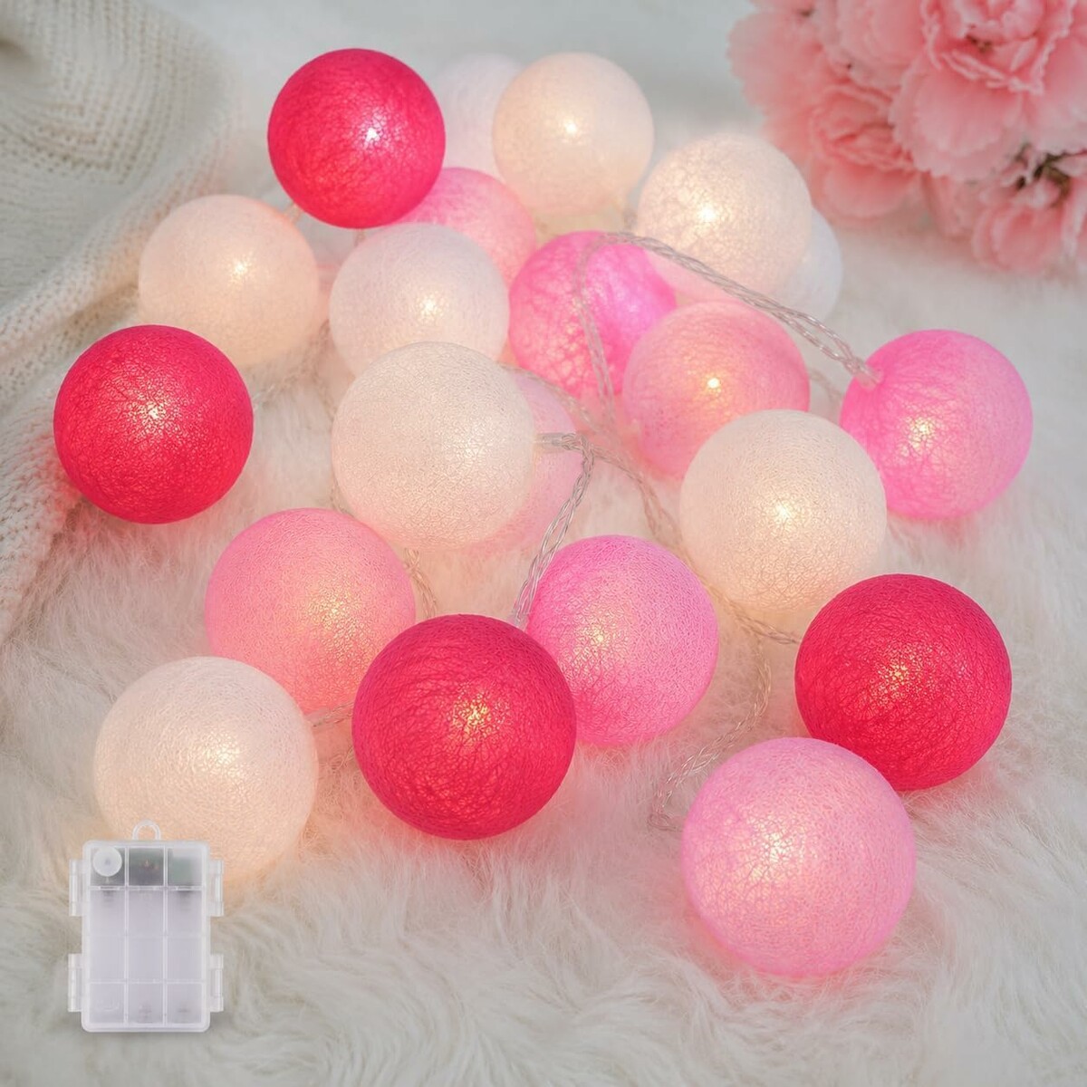 Lampki kulki bawełniane LED do pokoju dziecięcego – łańcuch 3,3 m, 20 szt., róż