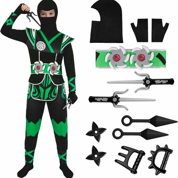 BSBUY Kostium Ninja dla dzieci, zielony, uniseks, 13 elementów