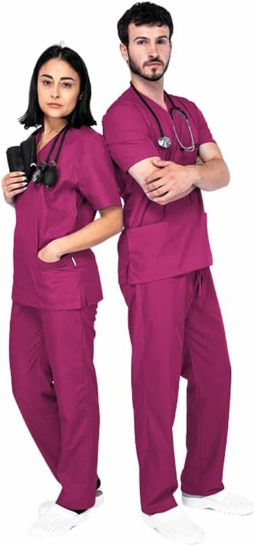 Mazalat Komplet medyczny unisex – bluza i spodnie scrubs, bordowy