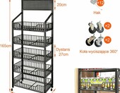 Fivaz regał ekspozycyjny sklepowy 5 półek, 12 haczyków, kółka, czarny – zdjęcie 2