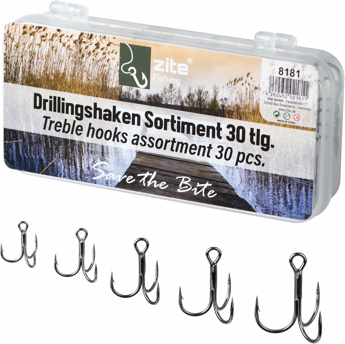 Zite Fishing zestaw 30 haczyków wędkarskich – 5 rozmiarów, pudełko