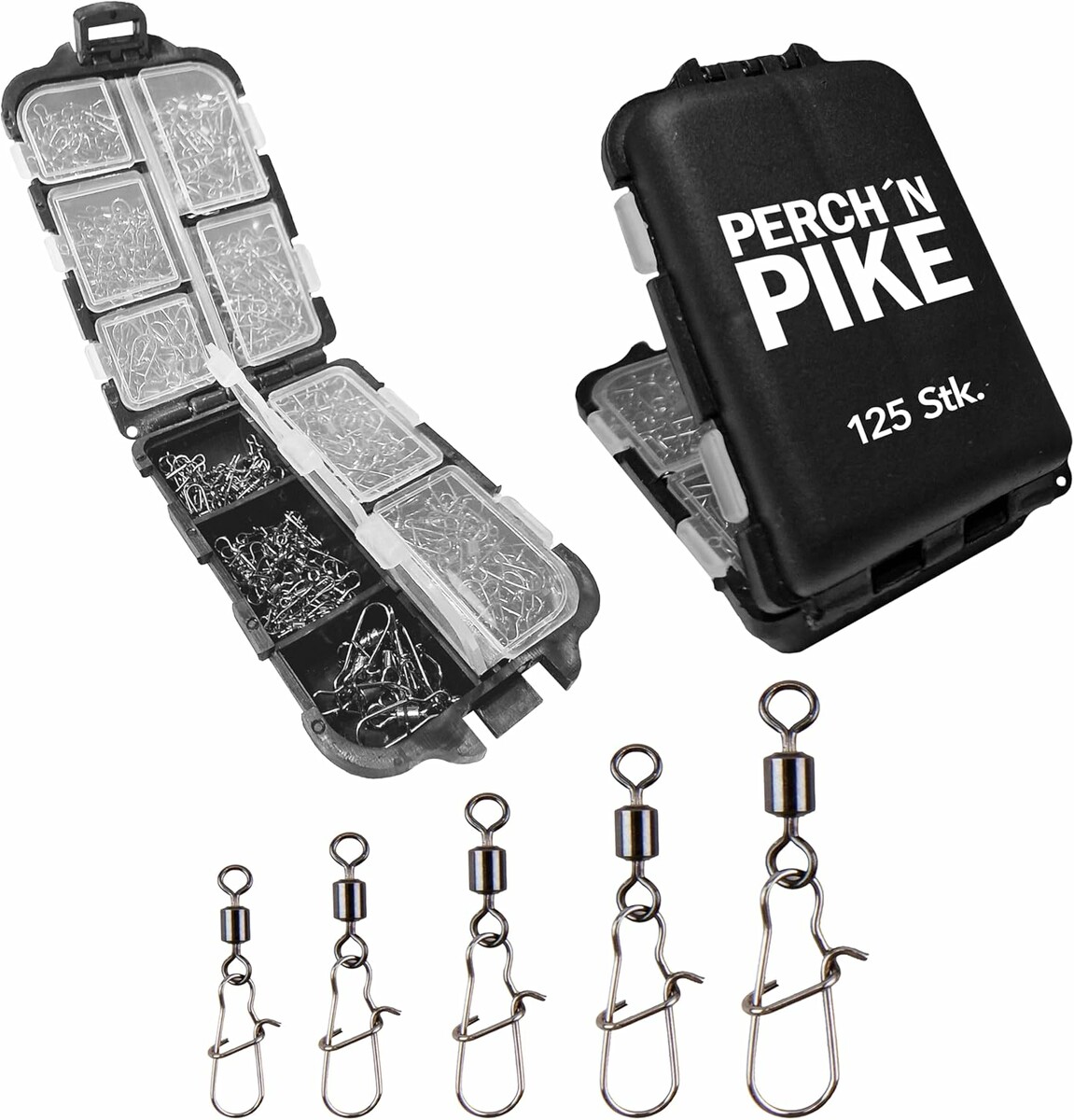 PERCH`N PIKE Krętliki wędkarskie z karabińczykiem, zestaw 125 szt.