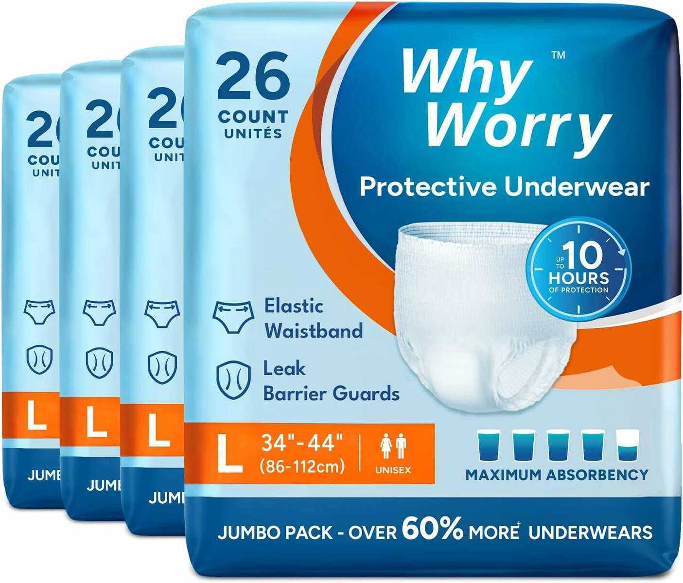 WhyWorry Majtki chłonne unisex rozmiar L, 104 szt.