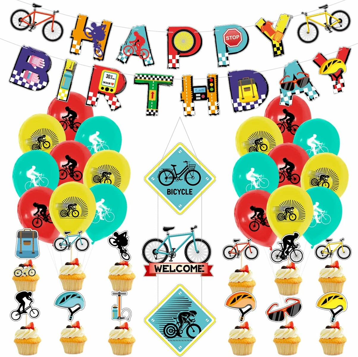 Zestaw dekoracji urodzinowych rowerowych QUERICKY - baner, balony, toppery