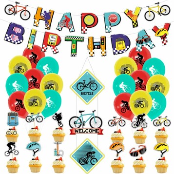 Zestaw dekoracji urodzinowych rowerowych QUERICKY - baner, balony, toppery