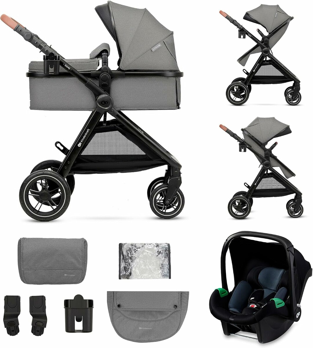 Kinderkraft ESME 3w1 wózek głęboki z gondolą i fotelikiem samochodowym, beżowy