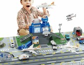 deAO Zestaw Lotnisko – samolot, helikopter i 9 pojazdów z matą – zdjęcie 1