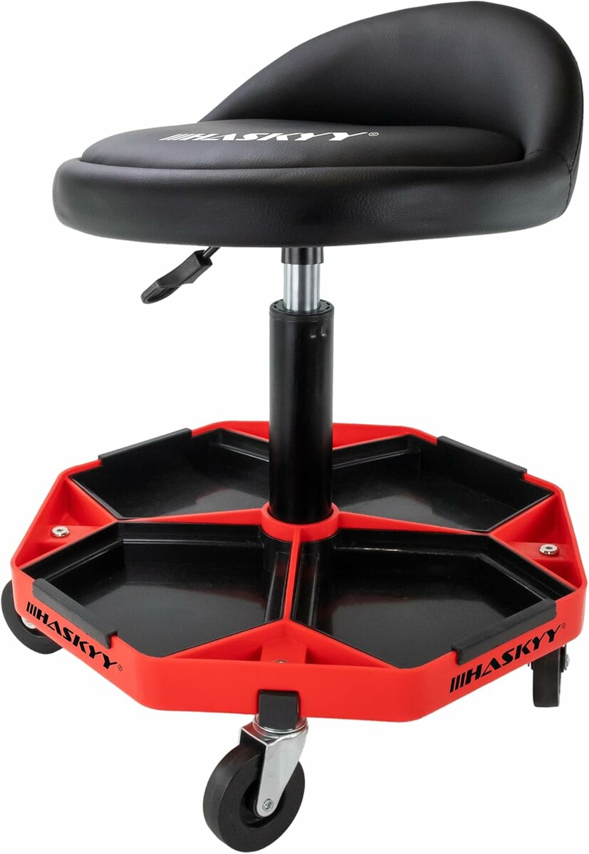 HASKYY Taboret warsztatowy z oparciem, regulowany 43-58 cm, na kolkach 150 kg