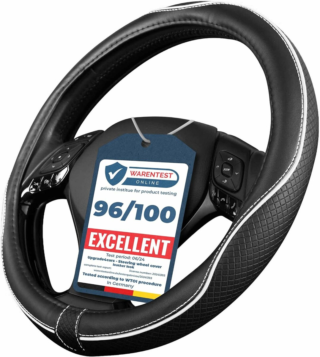 Upgrade4cars Pokrowiec na kierownicę 37-38 cm – ekoskóra, biało-czarny