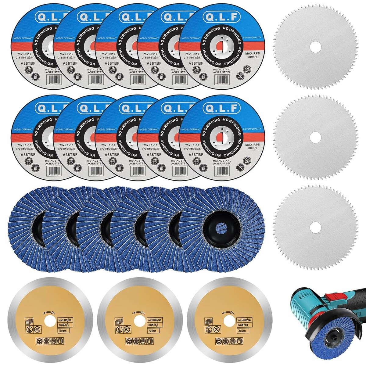 NUTKIT zestaw 22 tarcz tnacych 76 mm do szlifierki katowej - do metalu
