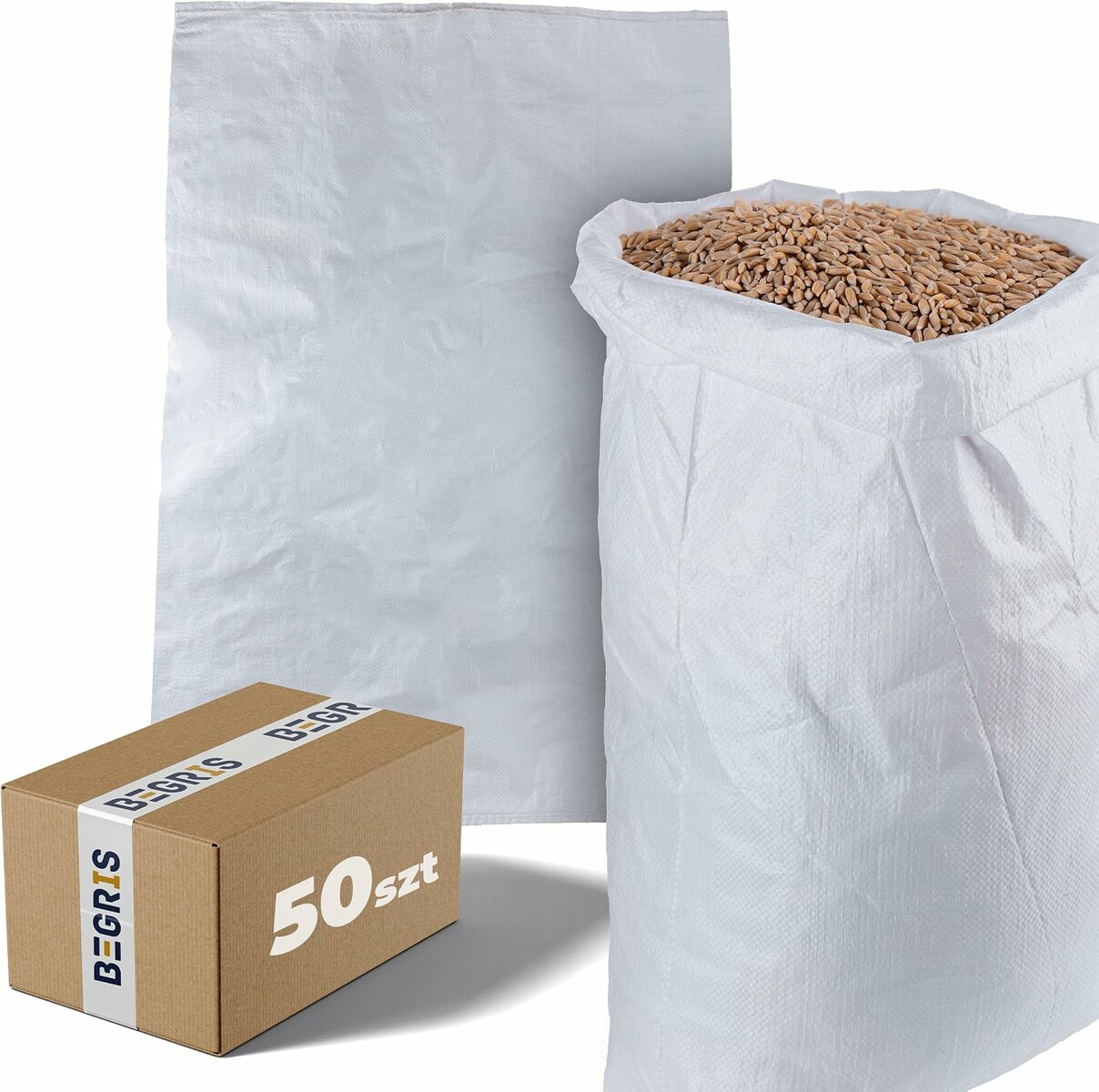 BEGRIS worki polipropylenowe 25 kg 50x80 cm (50 szt.) – worki rolnicze na zboże i ziemniaki