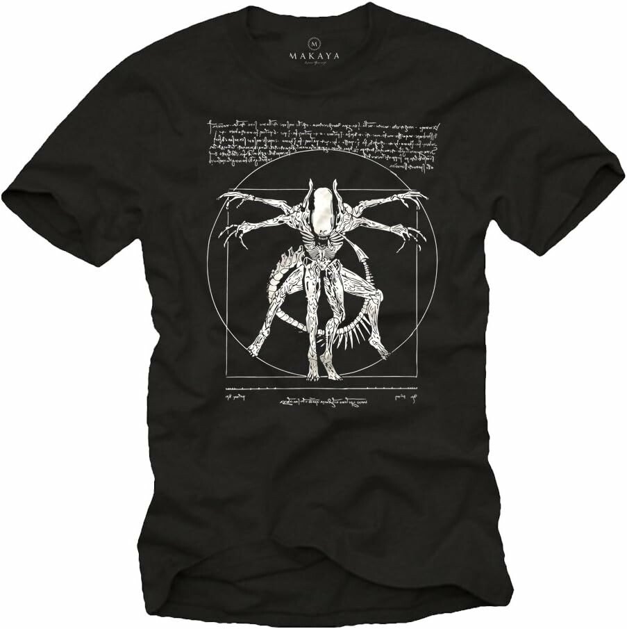 Koszulka gadżetowa MAKAYA z nadrukiem Alien Da Vinci, czarna, 100% bawełna