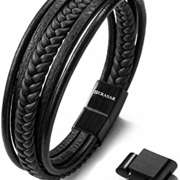Bransoletka męska skórzana SERASAR Premium Braid, zapięcie magnetyczne