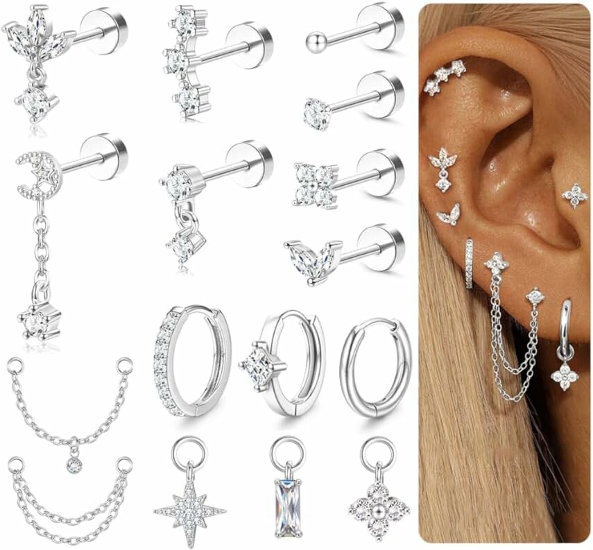 Piercing biżuteria MILACOLATO, kolczyki Helix ze stali chirurgicznej, srebrne