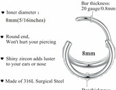 Popuhoops Kolczyk piercing obręcz 316L z cyrkonią - srebrny 8 mm – zdjęcie 2
