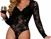 ohmydear Body koronkowe damskie z długim rękawem - czarne, L – zdjęcie 1
