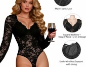 ohmydear Body koronkowe damskie z długim rękawem - czarne, L – zdjęcie 5