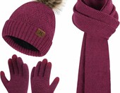 Bequemer Laden komplet zimowy 3w1 – czapka, szalik i rękawiczki, różowo-czerwony – zdjęcie 1