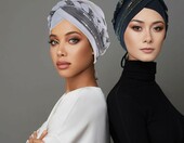 XEPST turban damski wstępnie zawiązany 2 szt. – nakrycie głowy, granatowo-szary – zdjęcie 4