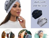 XEPST turban damski wstępnie zawiązany 2 szt. – nakrycie głowy, granatowo-szary – zdjęcie 5